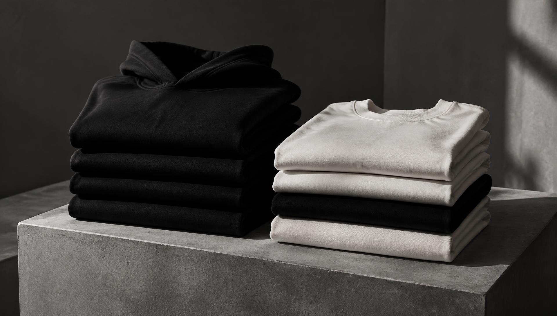 Złożone bluzy i T-shirty blank na betonowym postumencie